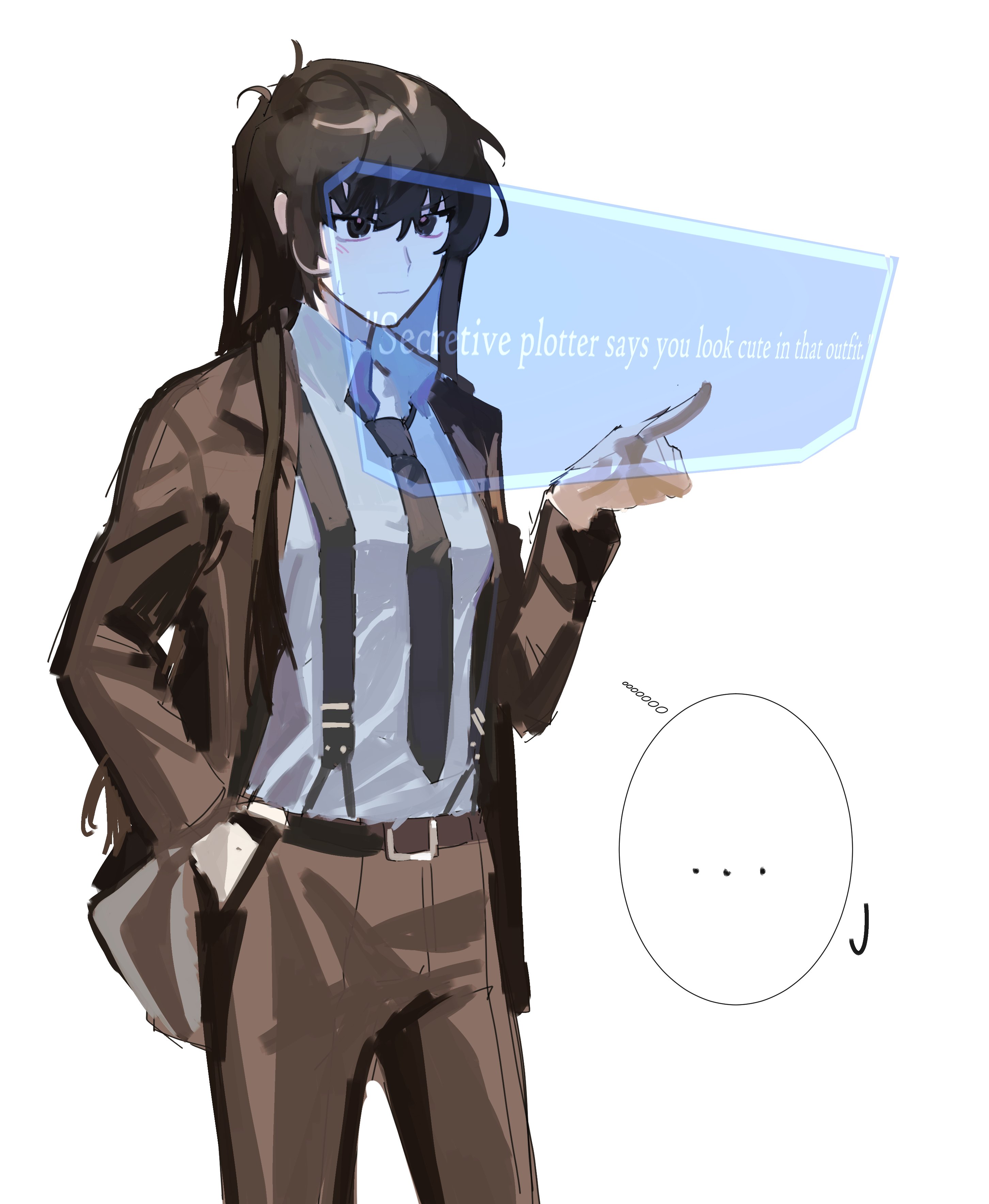 kim dokja, omniscient reader's viewpoint, absurdres, highres, …, 1girl, :|, black eyes, black hair, black jacket, black necktie, blunt bangs, closed mouth, collared shirt, double-parted bangs, english text, feet out of frame, genderswap, genderswap (mtf), hair over shoulder, hand in pocket, hand up, holographic interface, jacket, long hair, ma someru, necktie, shirt, solo, speech bubble, spoken ellipsis, suspenders, thought bubble, white shirt