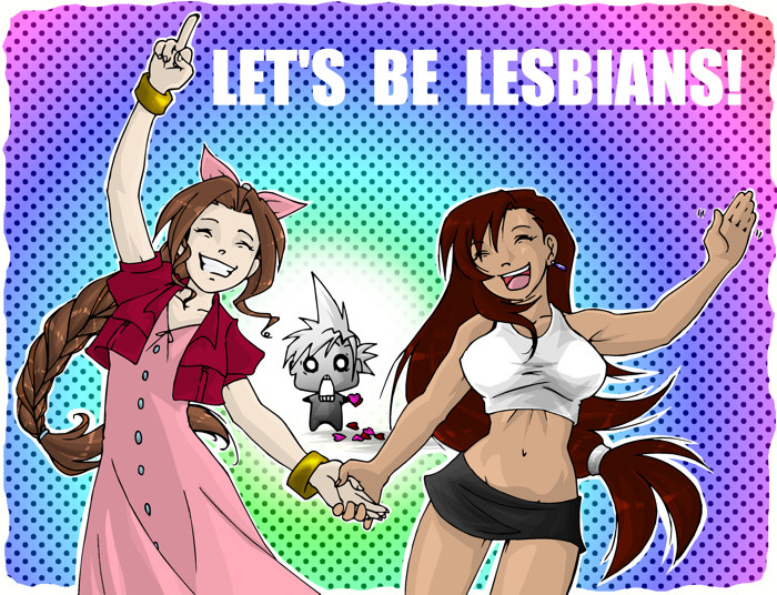 atomicfireball, aerith gainsborough, cloud strife, tifa lockhart, final fantasy, final fantasy vii, macro, happy, smile, yuri
