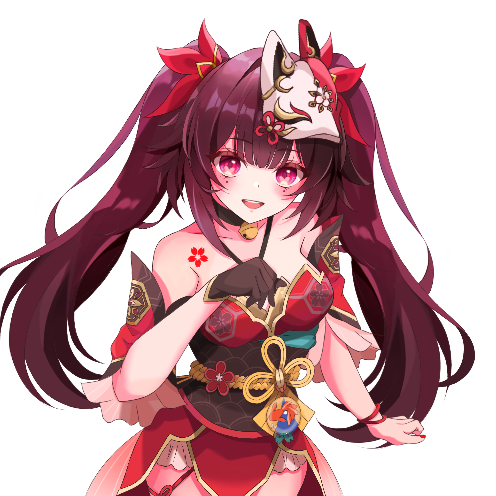 naughty (pixiv 82037990), sparkle (honkai: star rail), honkai: star rail, honkai (series), highres, 1girl, bare shoulders, bell, black choker, black gloves, black hair, breasts, brown hair, choker, detached sleeves, dress, fox mask, gloves, halterneck, long hair, looking at viewer, mask, mask on head, neck bell, open mouth, pink eyes, red dress, smile, solo, sparkle, twintails, white background
