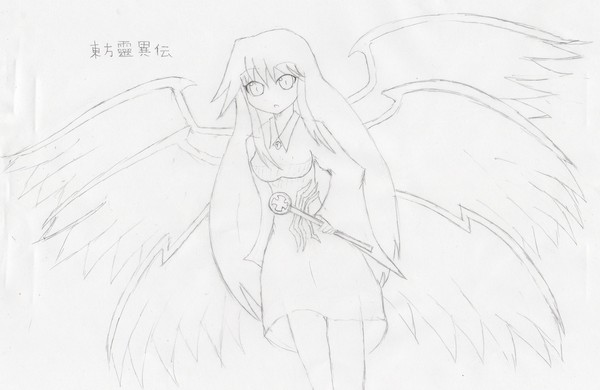 sariel (touhou), highly responsive to prayers, touhou, touhou (pc-98), tagme, 1girl, angel, dress, female focus, long hair, simple background, solo, very long hair, white background, wings