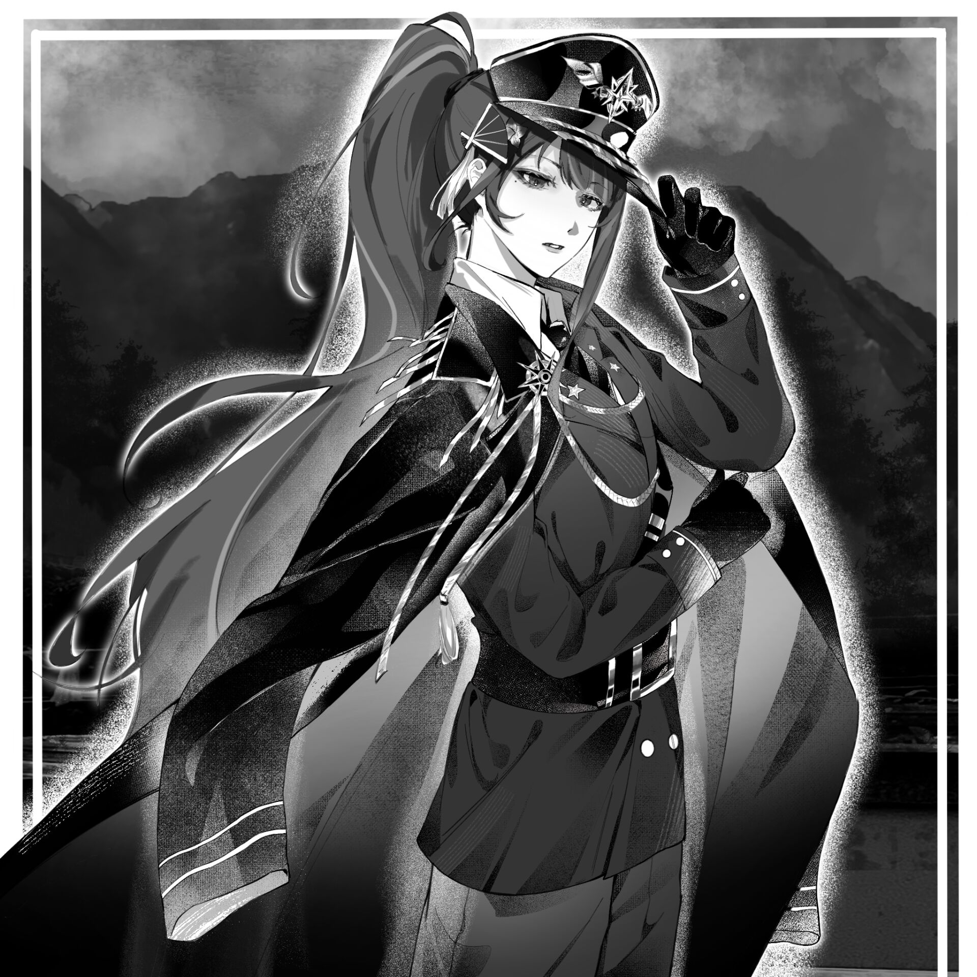 raiden shogun, genshin impact, artist request, chinese commentary, commission, duplicate, highres, pixel-perfect duplicate, second-party source, 1girl, alternate costume, alternate hairstyle, alternate universe, belt, blunt bangs, coat, collared coat, collared shirt, fan hair ornament, gloves, hair ornament, hat, head tilt, high ponytail, holding, holding unworn clothes, holding unworn hat, jacket, jewelry, long hair, long sleeves, looking at viewer, looking to the side, military, military hat, military jacket, military uniform, mole, mole under eye, monochrome, multicolored hair, necktie, open clothes, open coat, outdoors, pants, parted lips, peaked cap, pendant, ponytail, shirt, solo, standing, streaked hair, unworn hat, unworn headwear, upper body