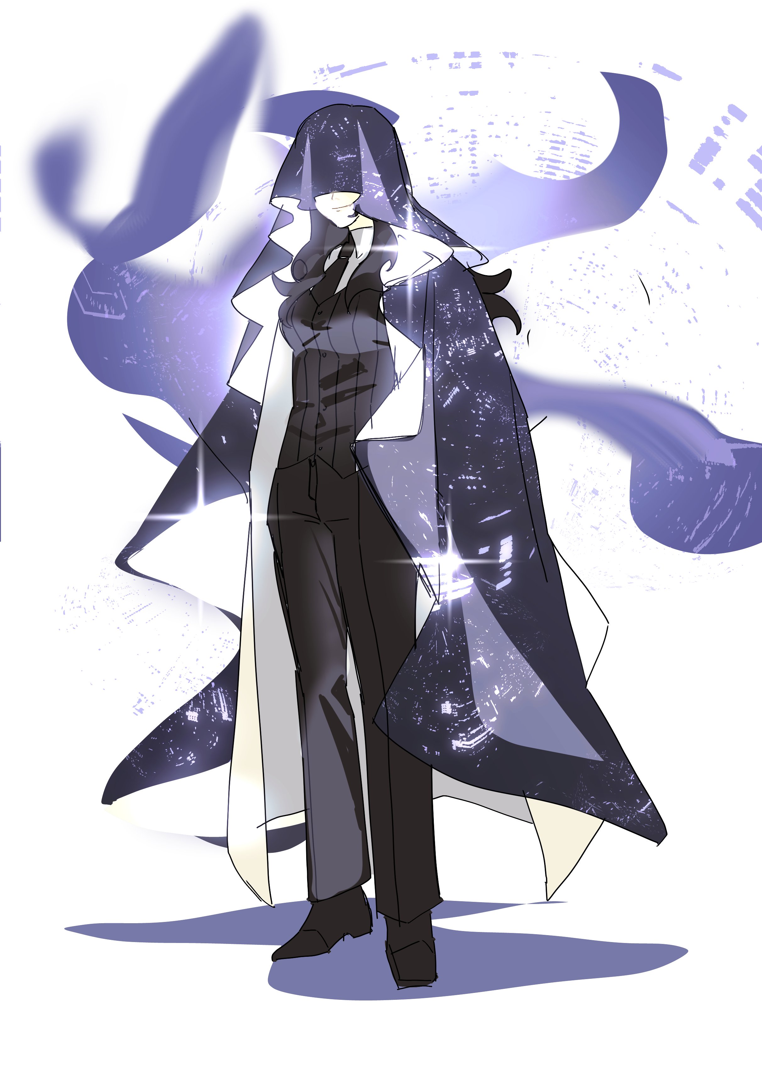 secretive plotter, yoo joonghyuk, omniscient reader's viewpoint, absurdres, highres, 1girl, black hair, black necktie, black vest, breasts, cloak, coat, collared shirt, covered eyes, facing viewer, formal clothes, full body, genderswap, genderswap (mtf), hood, hood up, hooded cloak, long hair, ma someru, necktie, open clothes, open coat, shirt, smirk, solo, sparkle, standing, starry sky print, vest, wavy hair, white coat, white shirt