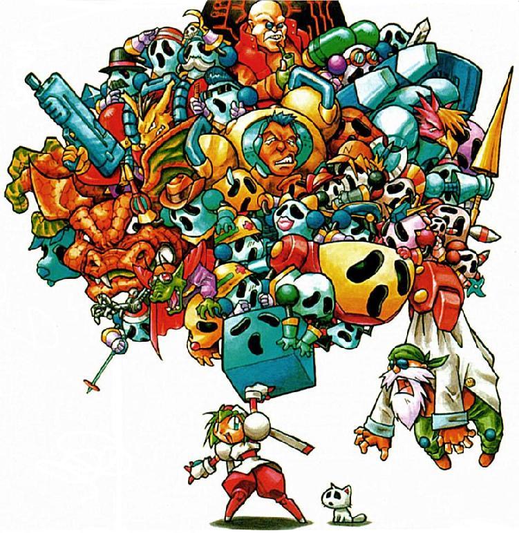 celes, emperor leo, lunar (yuke yuke!! trouble makers), marina liteyears, merco (yuke yuke!! trouble makers), migen jr., migen sr., professor, professor theo, tarus (yuke yuke!! trouble makers), teran, game arts, yuke yuke!! trouble makers, 3girls, 6+boys, 6+others, android, animal ears, armor, bandana, bee, bug, cat, cat ears, clancer, dog, everyone, frog, glasses, gloves, green hair, holding, insect, mole, multiple boys, multiple girls, multiple others