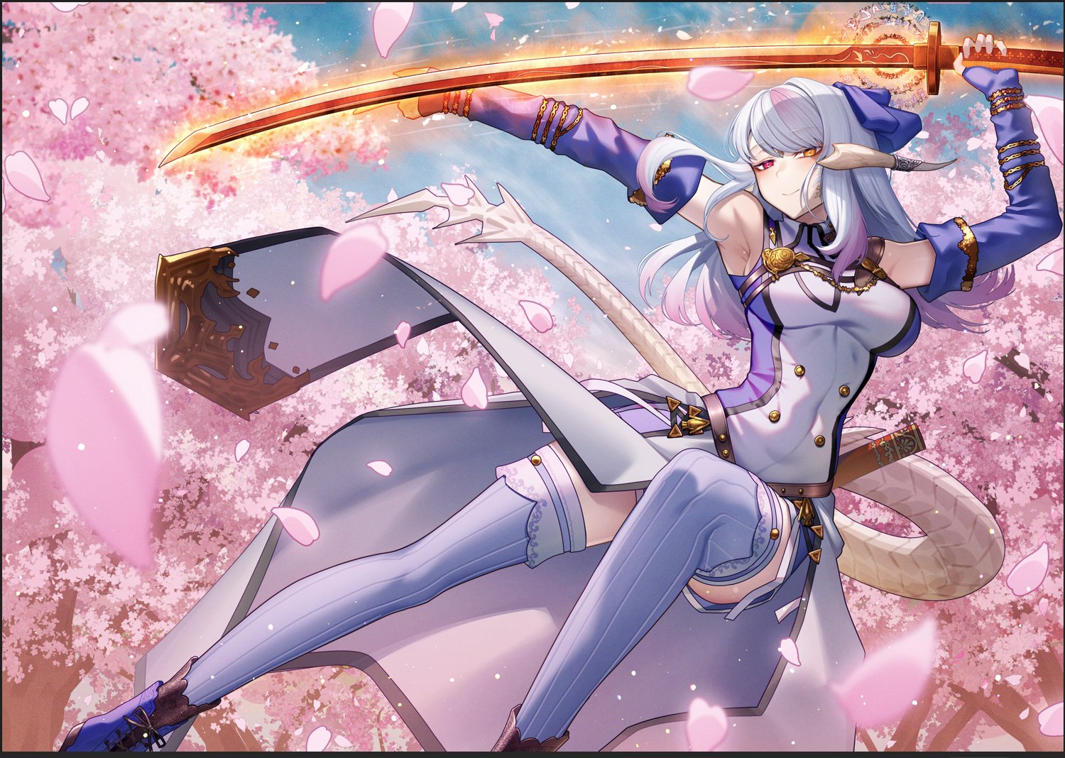 cluseller, character request, copyright request, 1girl, breasts, cherry blossoms, closed mouth, colored tips, dragon girl, dragon horns, dragon tail, elbow gloves, falling petals, fingerless gloves, gloves, grey hair, hair ribbon, heterochromia, holding, holding sword, holding weapon, horns, long hair, multicolored hair, orange eyes, petals, pink eyes, pink petals, purple gloves, purple hair, purple ribbon, purple shoes, ribbon, shoes, sleeveless, sword, tail, thighhighs, weapon