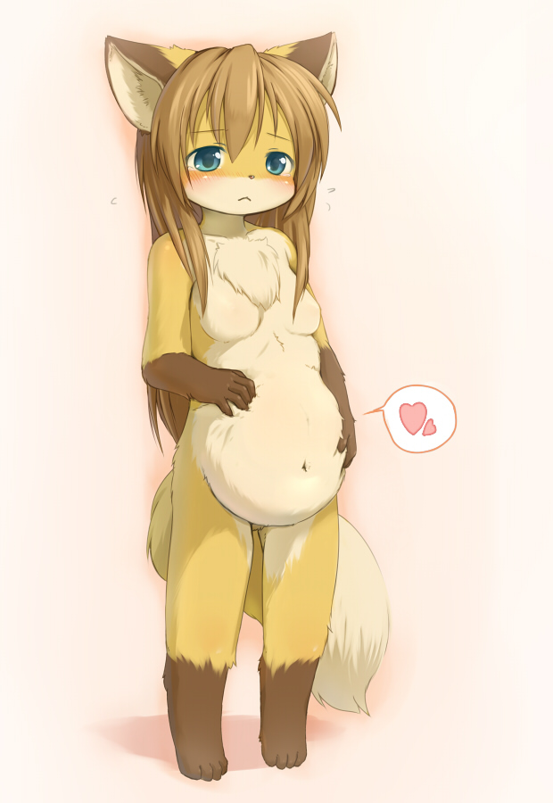 kagerofu, 1girl, :<, animal ears, animal hands, barefoot, blue eyes, blush, breasts, female focus, fox, fox ears, fox tail, full body, furry, furry female, gradient background, heart, long hair, pregnant, small breasts, solo, standing, tail, tears