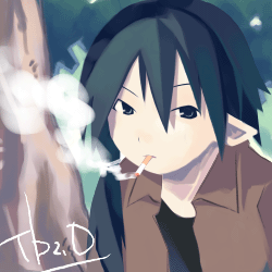 asami natsuhito, original, archived source, lowres, aqua eyes, aqua hair, black shirt, brown vest, cigarette, closed mouth, collared vest, dot nose, hair between eyes, harada takehito (style), looking at viewer, no lineart, no sclera, pointy ears, shirt, signature, simple background, smoking, solo, spiked bangs, straight hair, tree, upper body, vest, wing collar