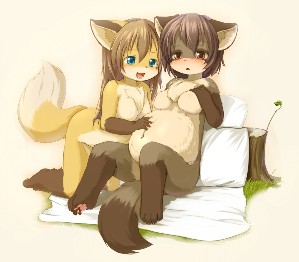 kagerofu, 2girls, animal ears, animal hands, aqua eyes, barefoot, blush, fang, feet, fox, fox ears, fox tail, furry, grass, kneeling, multiple girls, nipples, nude, outdoors, pawpads, pillow, pregnant, sitting, smile, soles, tail, toes, tree stump, zenra