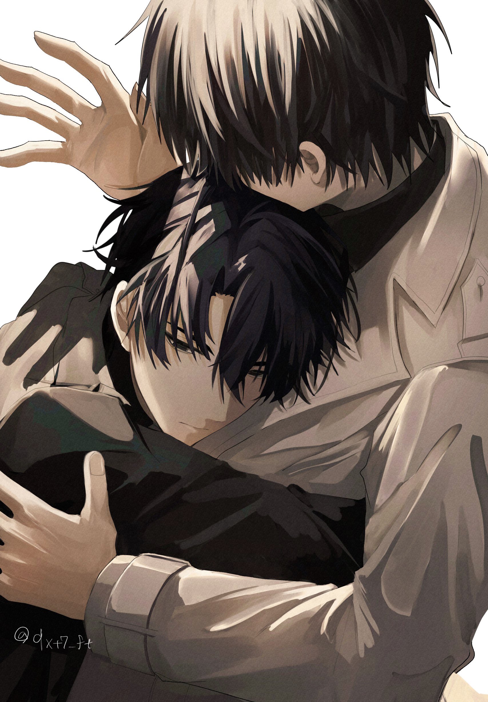 kim dokja, yoo joonghyuk, omniscient reader's viewpoint, absurdres, highres, 2boys, averting eyes, black coat, black eyes, black hair, black shirt, coat, curtained hair, hair between eyes, hands up, head on chest, hug, light frown, looking at another, male focus, multiple boys, qxt7 ft, shirt, short hair, surprised, upper body, white coat