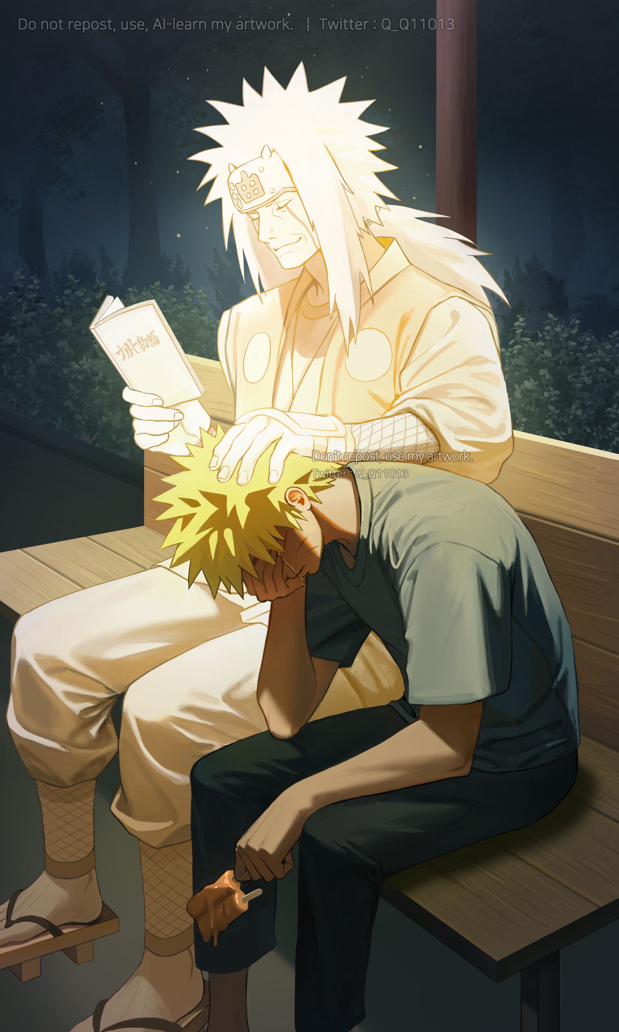 jiraiya (naruto), uzumaki naruto, naruto (series), naruto shippuuden, absurdres, commentary request, highres, korean commentary, 2boys, bench, blonde hair, book, crying, facial mark, food, forehead protector, ghost, hand on another's head, hand on own face, holding, holding book, holding food, holding popsicle, long hair, male focus, melting popsicle, multiple boys, on bench, open book, pants, platform sandals, popsicle, q q11013, sandals, shirt, short hair, short sleeves, sitting, spiked hair, whisker markings