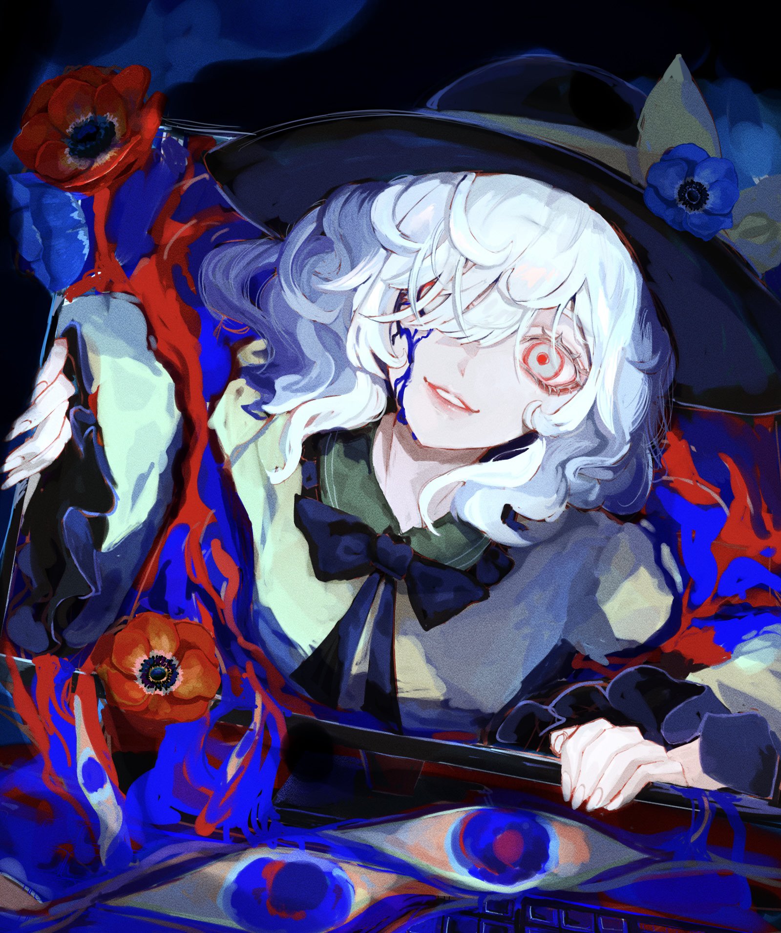 mashi (pixiv zcjd2538), komeiji koishi, touhou, commentary, english commentary, highres, 1girl, black bow, black bowtie, black hat, blood, blue blood, blue flower, blue rose, bow, bowtie, computer, flower, frilled shirt collar, frilled sleeves, frills, hair over one eye, hat, hat ribbon, laptop, red flower, red pupils, red rose, ribbon, rose, shirt, smile, white eyes, white hair, wide sleeves, yellow ribbon, yellow shirt