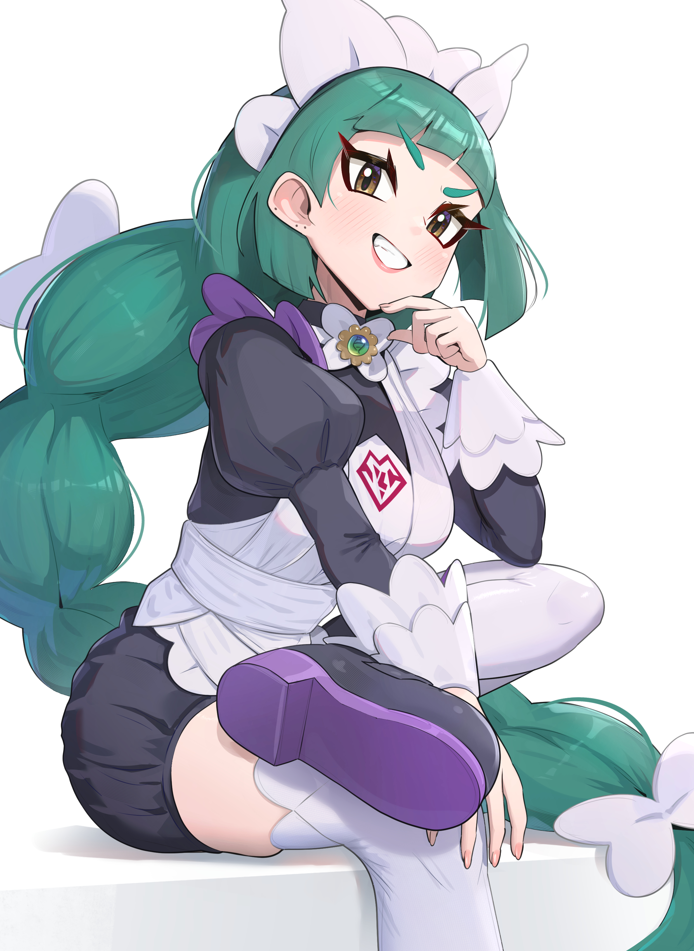 gonzarez, lebanne (pokemon), nintendo, pokemon, pokemon legends: z-a, absurdres, highres, 1girl, apron, black romper, blush, bow, braid, braided ponytail, breasts, brown eyes, crossed legs, green hair, grin, hair bow, large breasts, long hair, long sleeves, looking at viewer, maid, maid apron, maid headdress, mega stone, open mouth, puffy sleeves, romper, simple background, sitting, smile, solo, teeth, thighhighs, white thighhighs