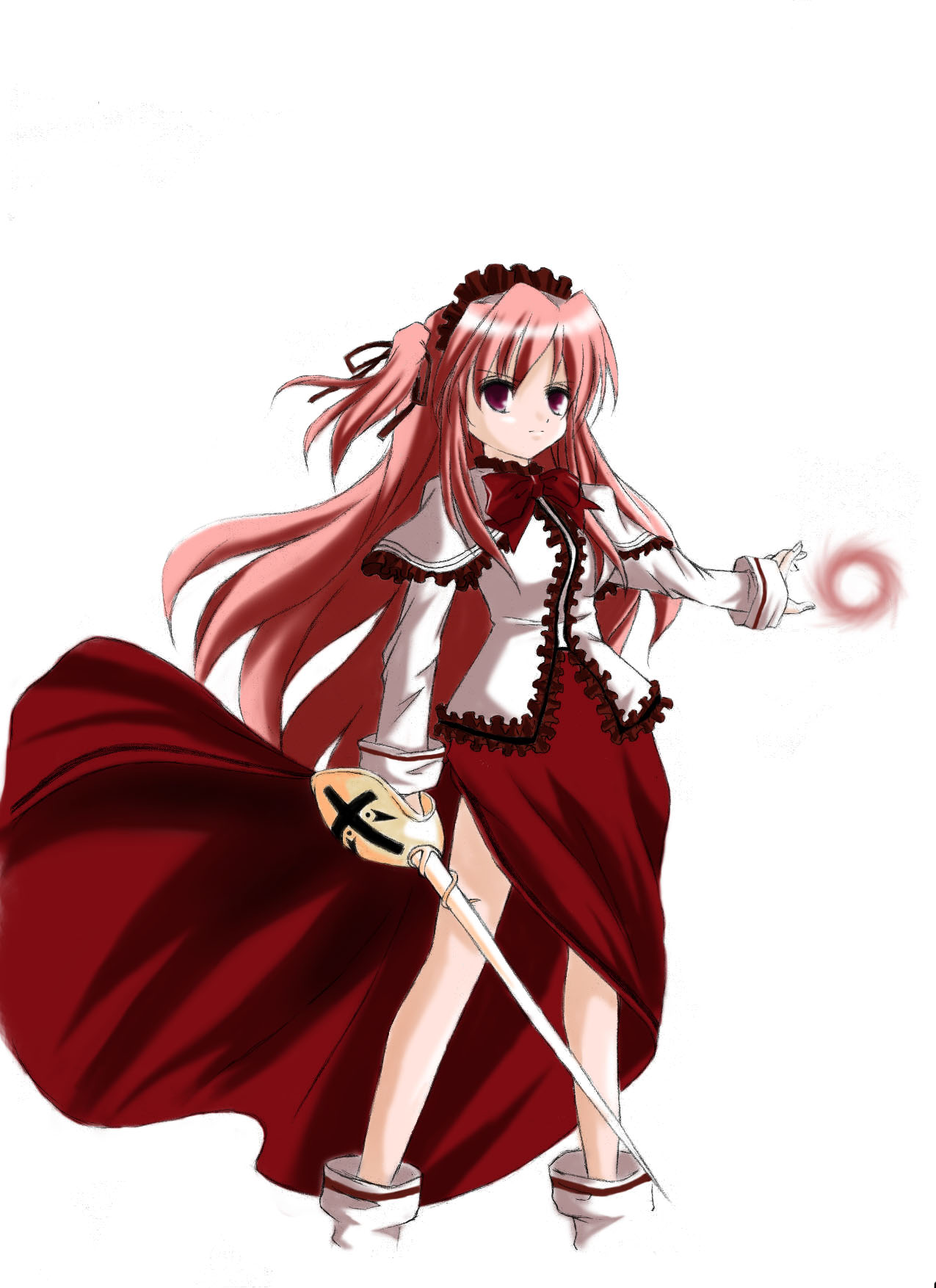 angetsu no koshousha, pamela arwig, rosenkreuzstilette, rosenkreuzstilette freudenstachel, highres, 1girl, boots, bow, bowtie, brown boots, capelet, cross, female focus, hair ornament, hairclip, headband, long hair, purple eyes, rapier, red hair, saber (weapon), side ponytail, skirt, solo, sword, weapon, wind, wind lift