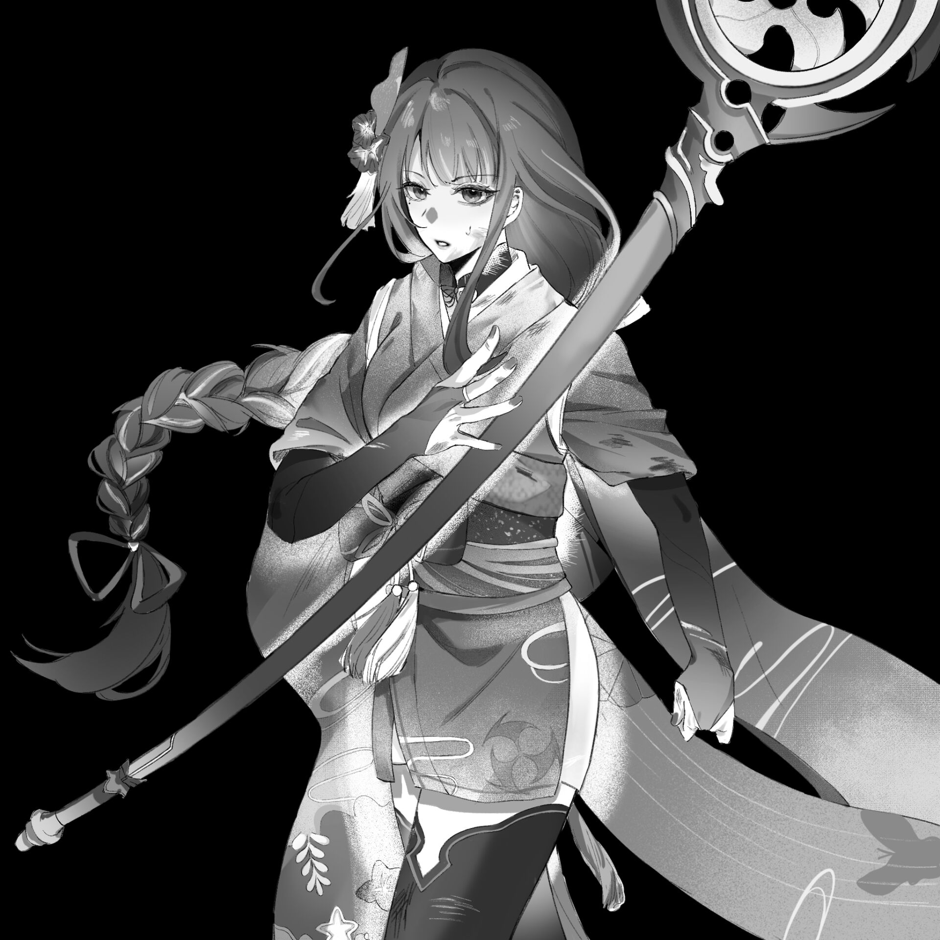 raiden shogun, genshin impact, artist request, chinese commentary, commission, highres, second-party source, 1girl, alternate costume, beaten, black background, blunt bangs, braid, bridal gauntlets, bruise, bruise on face, bruise on hand, clenched hand, electro symbol (genshin impact), flower ornament, hair ornament, hair ribbon, holding, holding polearm, holding weapon, injury, japanese clothes, kimono, long braid, looking to the side, mitsudomoe (shape), mole, mole under eye, monochrome, multicolored hair, parted lips, polearm, ribbon, sash, shade, simple background, single braid, sleeves rolled up, solo, standing, streaked hair, thighhighs, tomoe (symbol), upper body, weapon