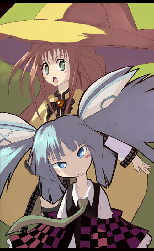 syope, chira highway, mimi auth, eikyuu loop, twilight refrain, plaid, 2girls, blue eyes, blue hair, dress, frown, green eyes, hair ornament, hat, long hair, multiple girls, necktie, open mouth, orange hair, poncho, sun hat, thighhighs, twintails