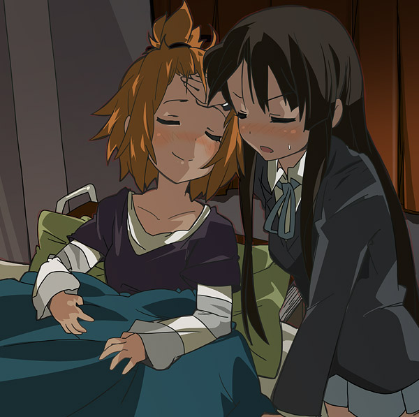 ixy, akiyama mio, tainaka ritsu, k-on!, 00s, 2girls, bed, bed sheet, blazer, blush, closed eyes, multiple girls, school uniform