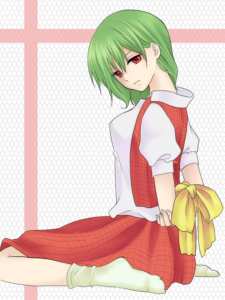 mitsuko, kazami yuuka, touhou, bad id, bad pixiv id, 1girl, arms behind back, bdsm, bondage, bound, bound wrists, feet, female focus, green hair, head tilt, kneeling, plaid clothes, plaid skirt, plaid vest, red eyes, ribbon, short hair, sitting, skirt, skirt set, socks, solo, vest, wariza