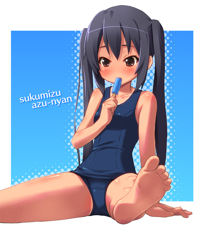 pu-en, nakano azusa, k-on!, 00s, 1girl, bare shoulders, barefoot, black hair, blue background, blue one-piece swimsuit, blush, breasts, brown eyes, collarbone, feet, female focus, food, food in mouth, long hair, one-piece swimsuit, popsicle, school swimsuit, sitting, small breasts, soles, solo, spread legs, swimsuit, tan, twintails