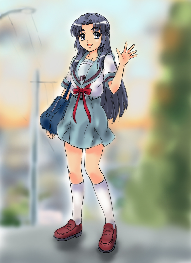 fujita (speedlimit), prinz luzifer, asakura ryoko, suzumiya haruhi no yuuutsu, 00s, bag, blue eyes, blue hair, long hair, school uniform, serafuku, socks, solo, waving