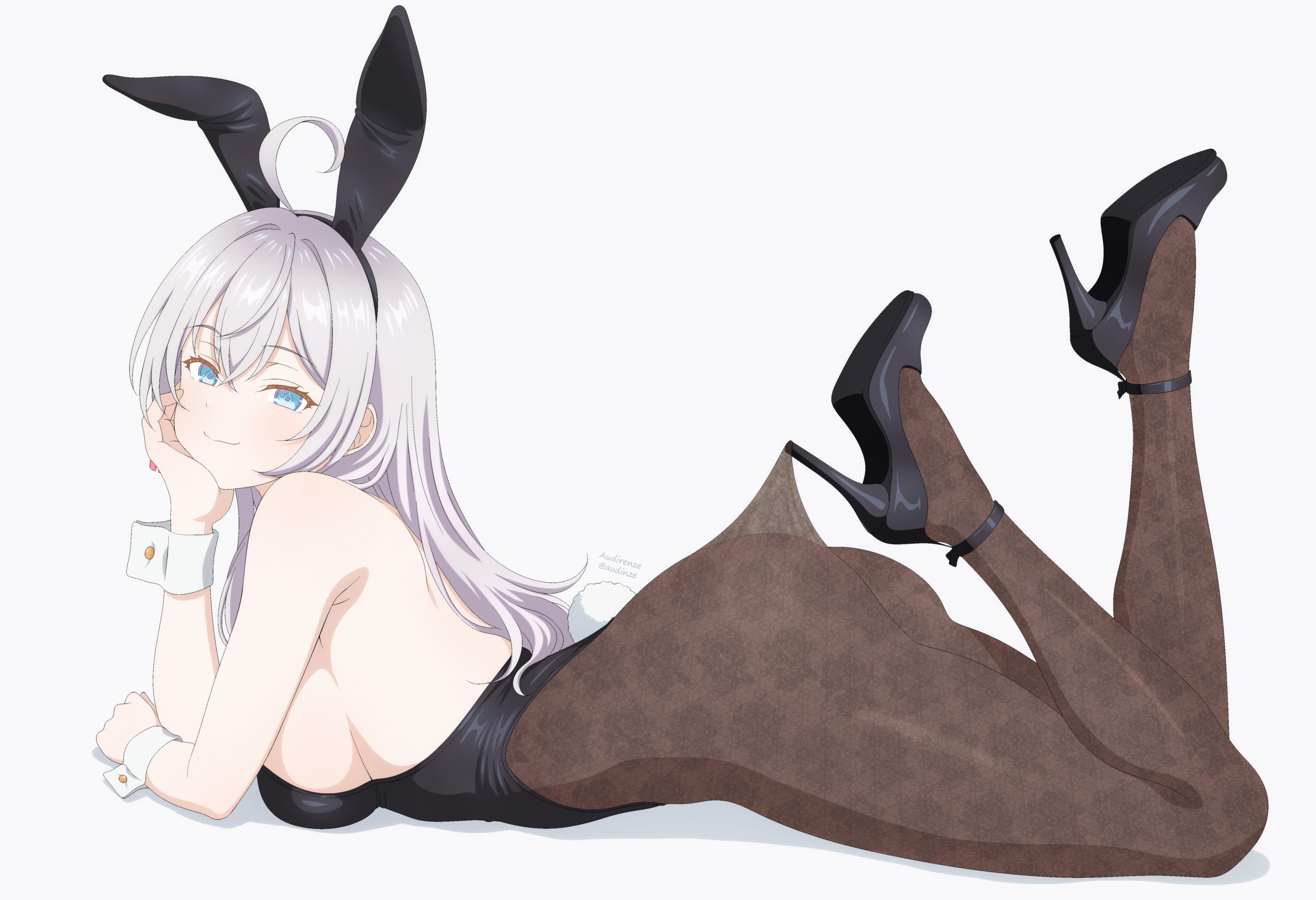 audirenze, alisa mikhailovna kujou, tokidoki bosotto roshia-go de dereru tonari no alya-san, absurdres, commentary request, highres, 1girl, ahoge, animal ears, black leotard, black pantyhose, blue eyes, breasts, fake animal ears, from side, high heels, lace pantyhose, lace pantyhose hooked on heel (meme), large breasts, leotard, long hair, lying, meme, on stomach, pantyhose, playboy bunny, rabbit ears, sideboob, solo, white background, white hair, wrist cuffs