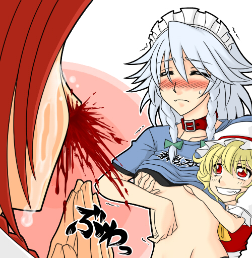 neko majin, flandre scarlet, hong meiling, izayoi sakuya, embodiment of scarlet devil, touhou, silver hair, 3girls, alternate costume, blonde hair, blood, blush, braid, breasts, casual, clothes lift, clothes writing, collar, contemporary, female focus, grabbing another's breast, grin, groping, hat, maid headdress, multiple girls, nosebleed, red eyes, red hair, shirt lift, short hair, small breasts, smile, tears, tray, twin braids, yuri