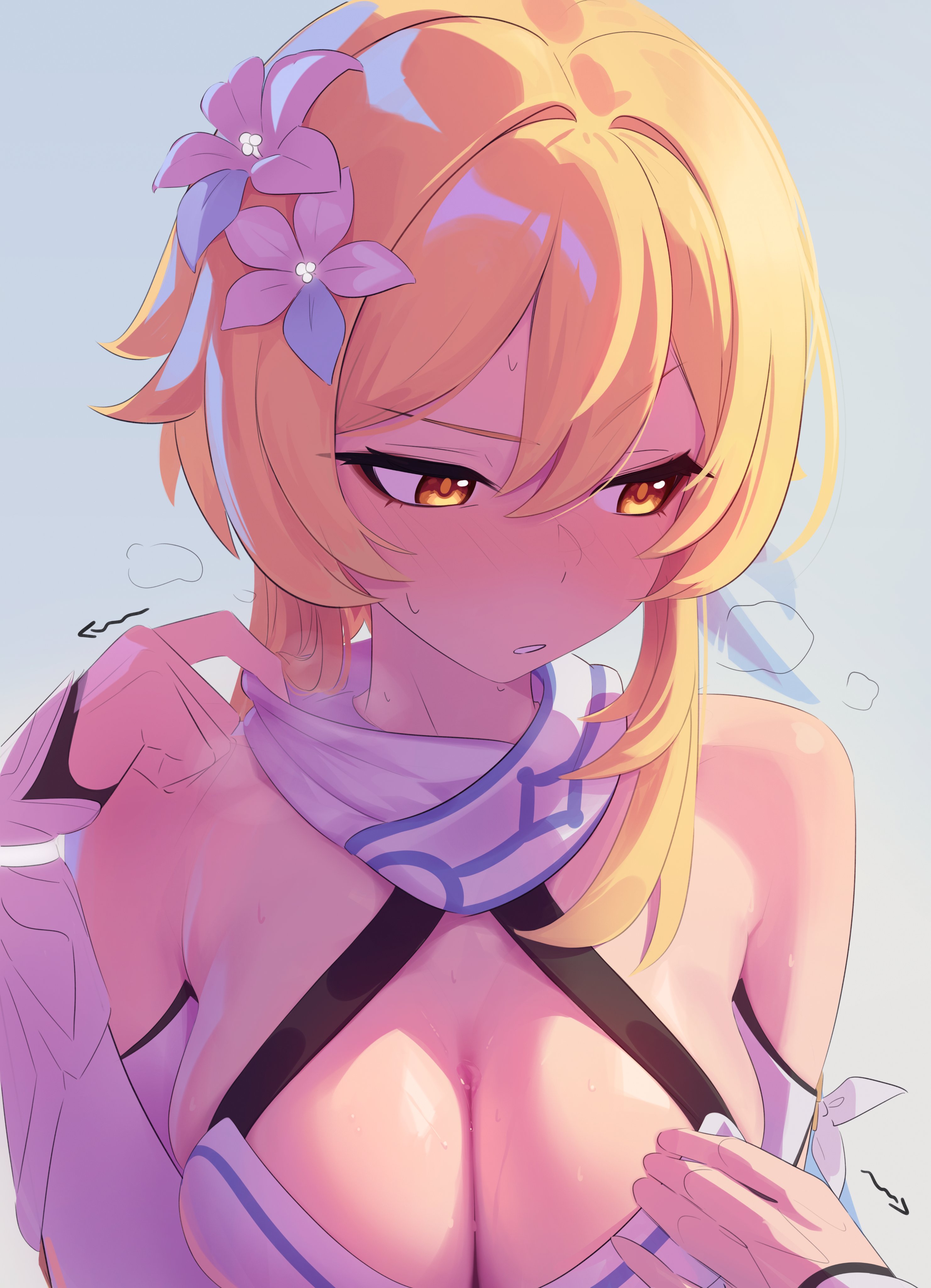 anonds31, lumine (genshin impact), genshin impact, absurdres, highres, 1girl, bare shoulders, blonde hair, blush, breasts, cleavage, detached sleeves, dress, feather hair ornament, feathers, flower, hair flower, hair ornament, large breasts, looking to the side, medium hair, scarf, sidelocks, solo, sweat, white dress, white scarf, yellow eyes