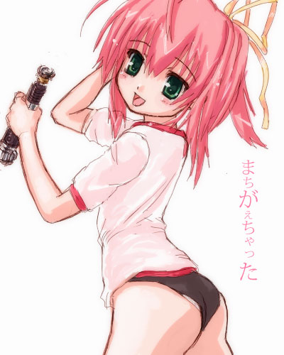 nana-shi hostler, nanaashi, original, lowres, 1girl, ass, back, blush, buruma, energy sword, female focus, green eyes, gym uniform, hair ribbon, lightsaber, looking back, panties, pantyshot, pink hair, ponytail, ribbon, shirt, sketch, solo, standing, sword, underwear, weapon, white panties