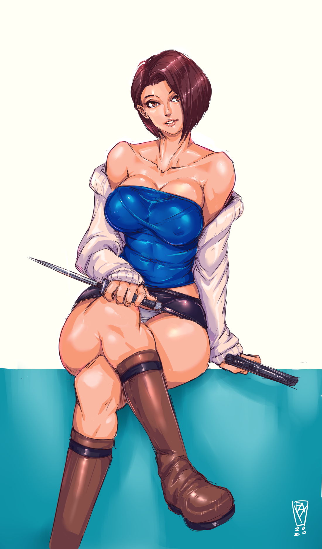 faymantra, jill valentine, resident evil, resident evil 3: nemesis, highres, 1girl, bare shoulders, black skirt, blue tube top, boots, breasts, brown boots, cleavage, covered erect nipples, crossed legs, gun, handgun, holding, holding gun, holding knife, holding weapon, knife, looking at viewer, microskirt, midriff, panties, parted lips, signature, sitting, skirt, smile, strapless, tube top, underwear, weapon, white background