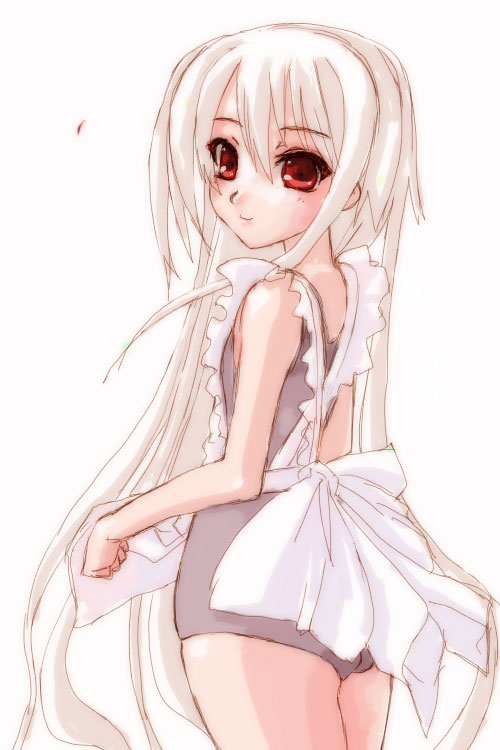 nana-shi hostler, nanaashi, original, 1girl, apron, back, blush, female focus, long hair, looking back, one-piece swimsuit, red eyes, school swimsuit, sketch, solo, standing, swimsuit, very long hair, white hair