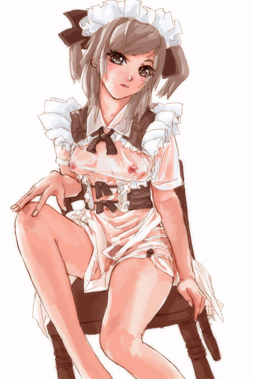 nana-shi hostler, nanaashi, original, silver hair, 1girl, blouse, breasts, brown hair, chair, cleavage cutout, clothing cutout, female focus, female pubic hair, frills, grey eyes, headdress, maid, no bra, no panties, pubic hair, revealing clothes, ribbon, see-through clothes, shirt, sitting, sketch, solo