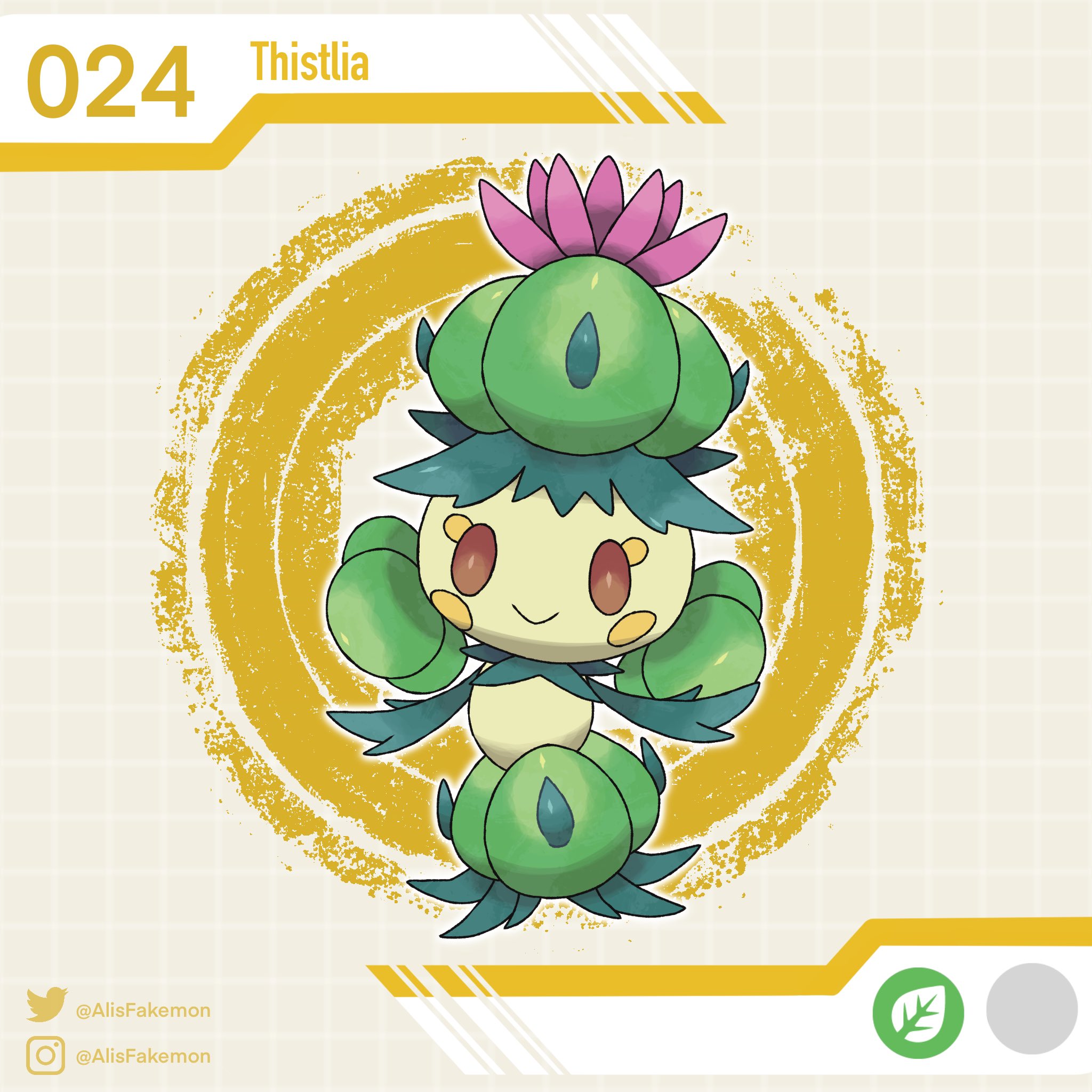 alisfakemon, nintendo, original, pokemon, highres, artist name, character name, fakemon, full body, instagram logo, instagram username, looking at viewer, no humans, plant monster, pokemon (creature), solo, twitter logo, twitter username