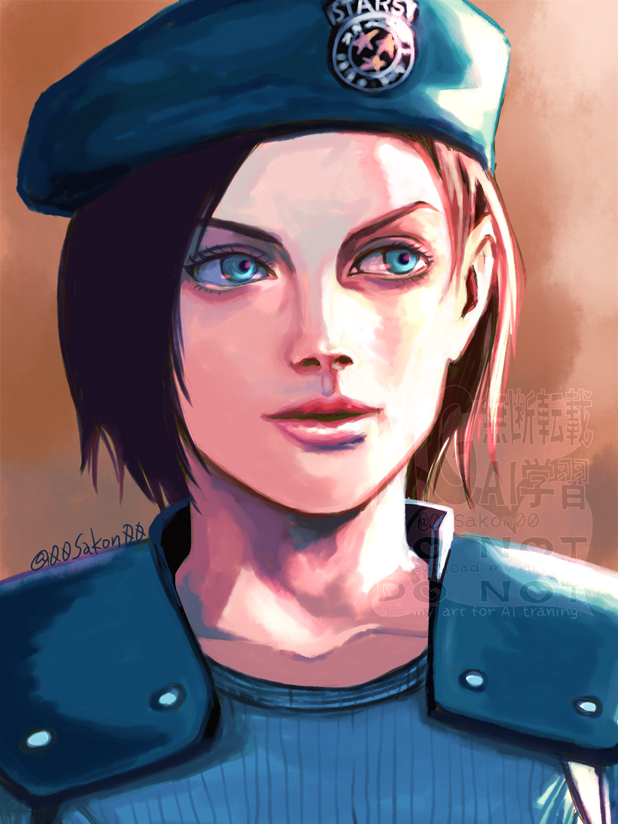 ma 2, jill valentine, resident evil, resident evil 1, highres, 1girl, artist name, beret, blue eyes, blue hat, blue shirt, brown hair, hat, shirt, shoulder pads, smile, watermark