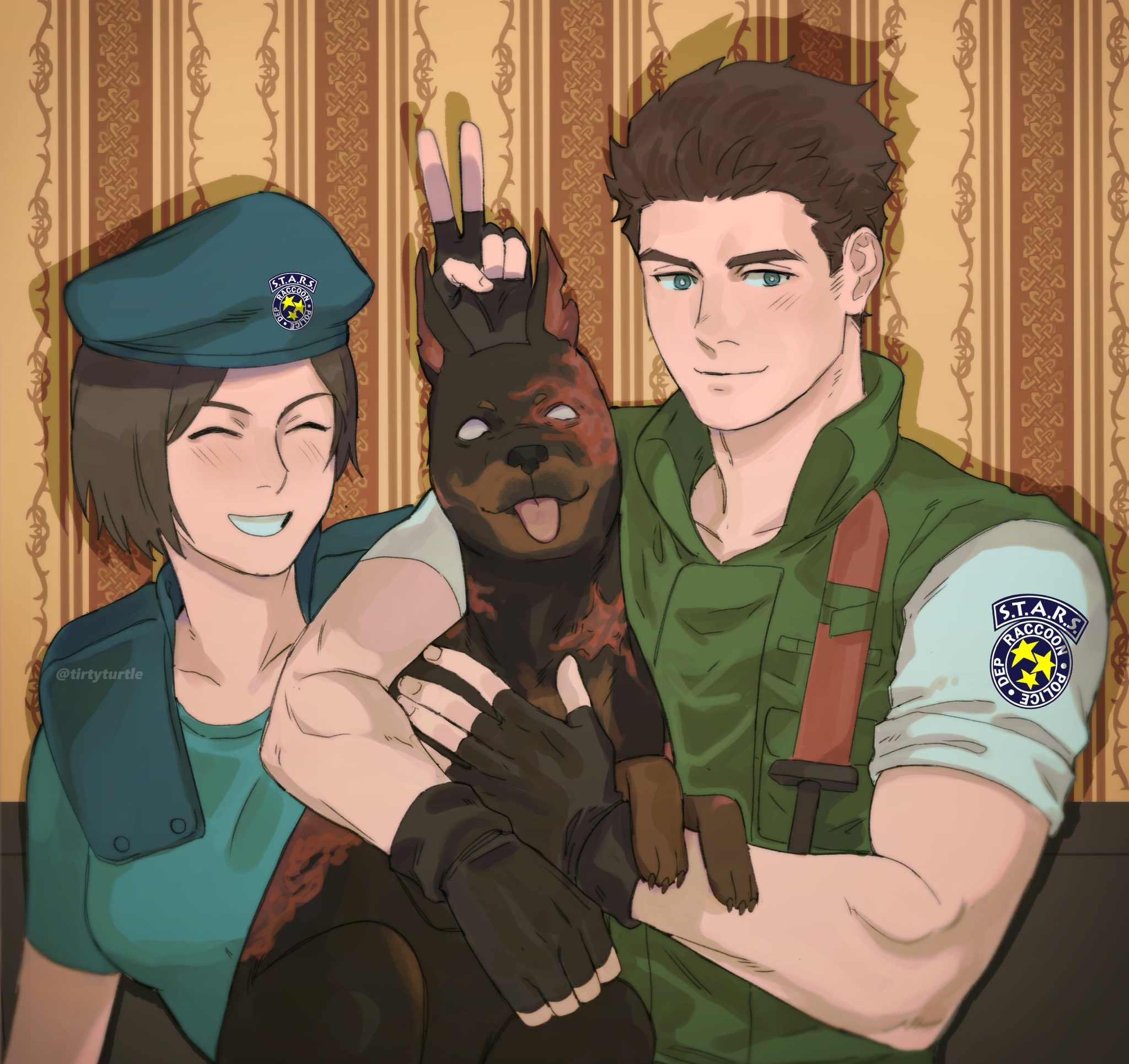 tirtyturtle, chris redfield, jill valentine, resident evil, resident evil 1, highres, 1boy, 1girl, artist name, beret, black gloves, blue eyes, blue hat, blue shirt, bulletproof vest, closed eyes, dog, fingerless gloves, gloves, hat, shirt, shoulder pads, smile, v