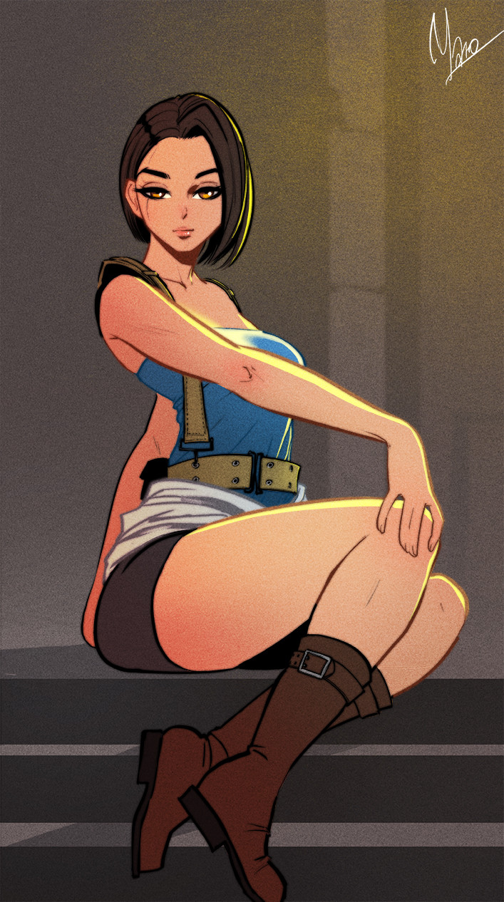 jill valentine, resident evil, resident evil 3: nemesis, highres, 1girl, black skirt, blue tube top, boots, brown boots, brown hair, clothes around waist, looking at viewer, maniachillo, miniskirt, signature, sitting, sitting on stairs, skirt, stairs, strapless, sweater, sweater around waist, tube top