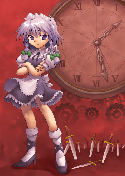 kurogarasu, izayoi sakuya, fate (series), touhou, silver hair, 1girl, apron, braid, clock, dress, female focus, full body, gradient background, knife, maid, maid headdress, purple eyes, short hair, solo, throwing knife, twin braids, unlimited blade works (reality marble), weapon