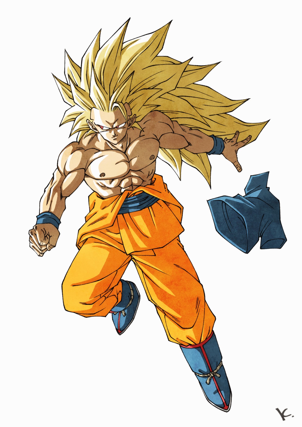 kakeru (dbskakeru), dragon ball, character request, highres, 1boy, blonde hair, blue boots, blue shirt, boots, full body, long hair, muscular, muscular male, orange pants, pants, red eyes, shirt, short sleeves, simple background, solo, spiked hair, topless male, toriyama akira (style), unworn shirt, white background