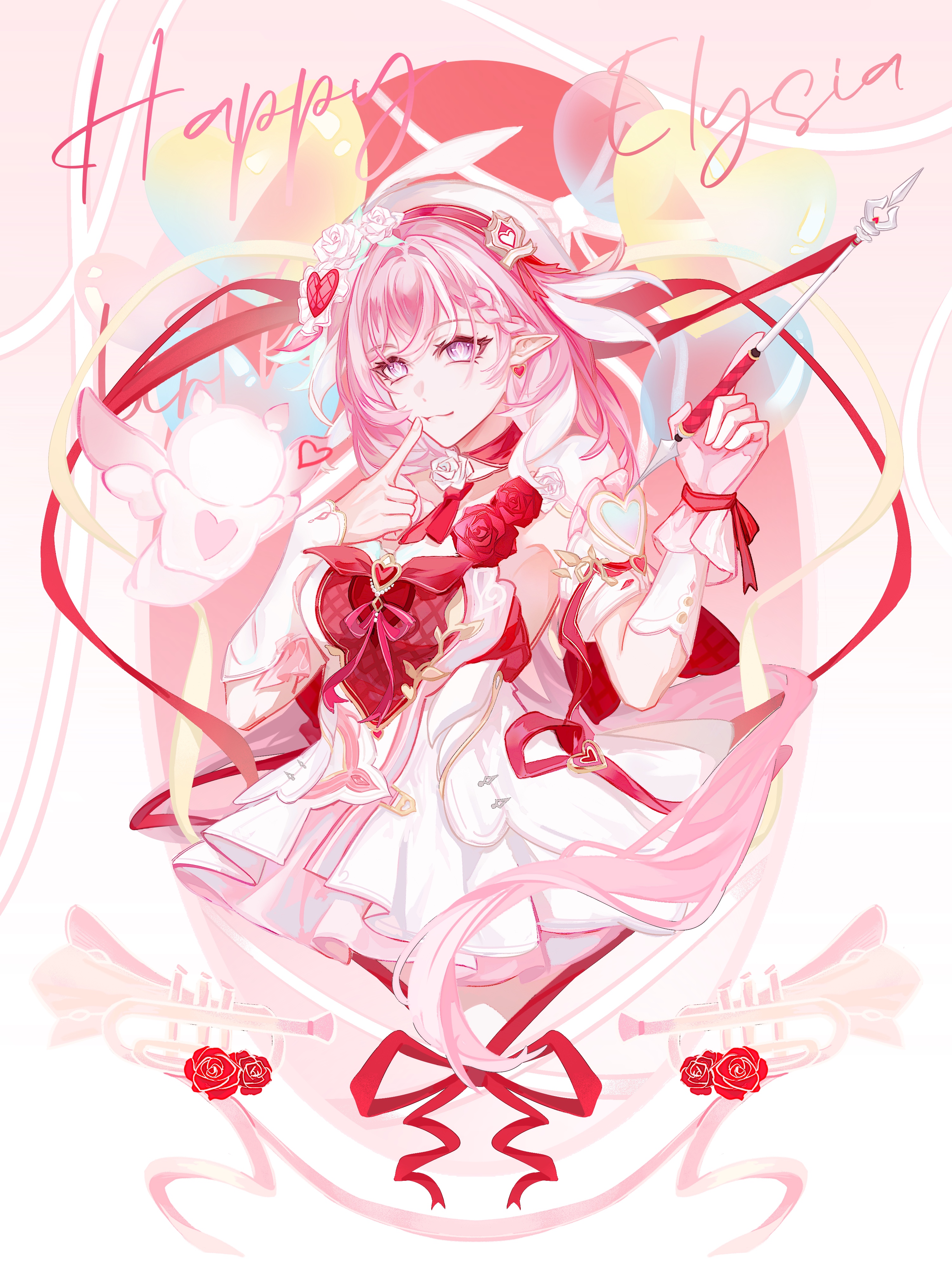 hyurns, elysia (hi love elf) (honkai impact), elysia (honkai impact), honkai (series), honkai impact 3rd, absurdres, highres, 1girl, beret, breasts, dress, elf, happy birthday, hat, holding ribbon baton, instrument, large breasts, little messenger (honkai impact), long hair, multicolored hair, pink hair, pointy ears, purple eyes, red dress, smile, solo, trumpet, two-tone hair, very long hair, white dress, white hair