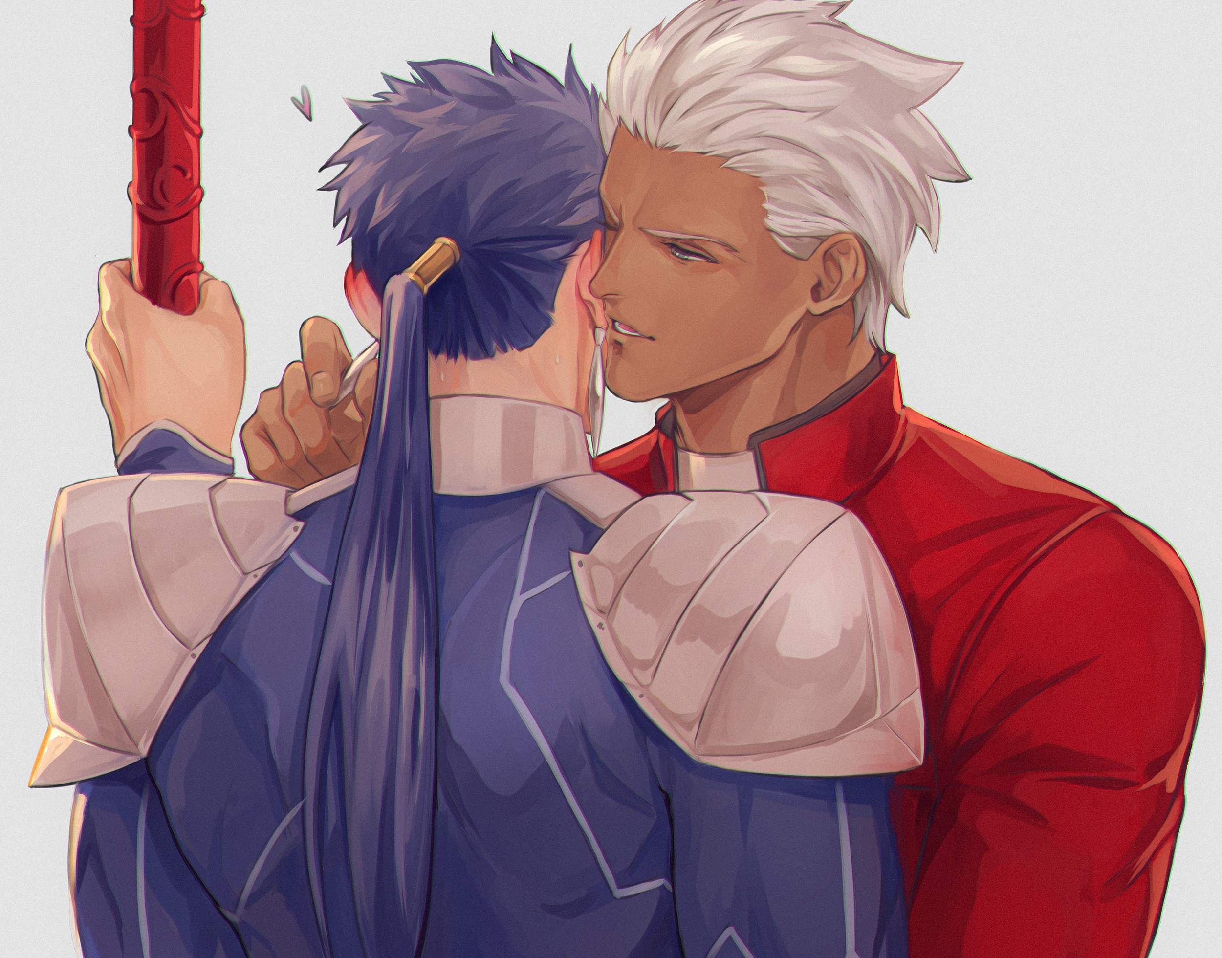 gravesecrets, archer (fate), cu chulainn (fate), cu chulainn (fate/stay night), cu chulainn (lancer) (fate), fate (series), commentary, english commentary, highres, 2boys, armor, blue bodysuit, blue hair, bodysuit, collared shirt, dark-skinned male, dark skin, fingernails, gae bolg (fate), hair slicked back, heart, holding, holding polearm, holding weapon, long sleeves, male focus, multiple boys, parted lips, pauldrons, polearm, ponytail, popped collar, red shirt, shirt, shoulder armor, teeth, upper body, weapon, white hair, yaoi