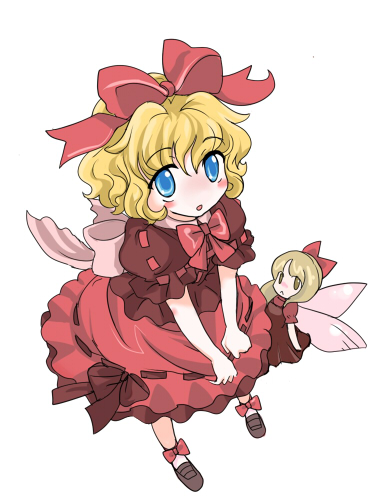 nanami sano, medicine melancholy, su-san, touhou, lowres, 2girls, blonde hair, blue eyes, doll, female focus, full body, multiple girls, ribbon, simple background, solo, white background