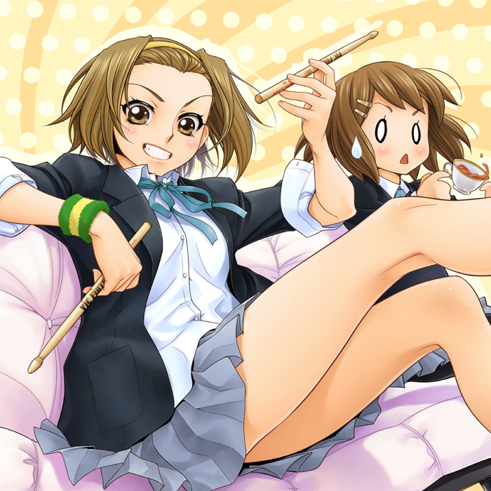 mami akira, hirasawa yui, tainaka ritsu, k-on!, 00s, 0 0, 2girls, brown eyes, brown hair, couch, drumsticks, grin, hairband, multiple girls, school uniform, short hair, smile, wristband