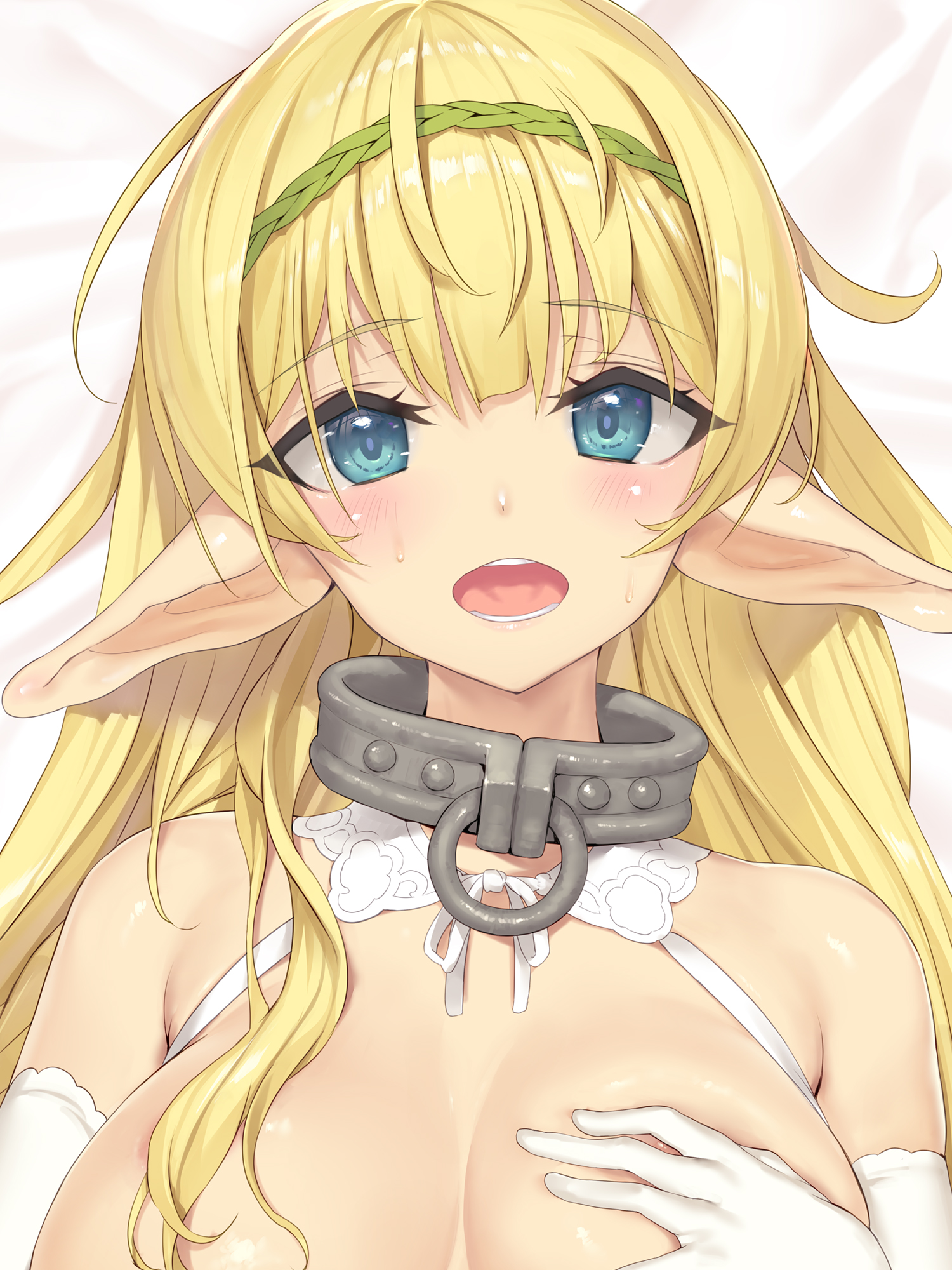 tsurusaki takahiro, shera l. greenwood, isekai maou to shoukan shoujo no dorei majutsu, highres, official art, 1girl, aqua eyes, blonde hair, blush, breasts, collar, convenient censoring, covering one breast, covering privates, elbow gloves, elf, embarrassed, from above, gloves, grabbing own breast, green hairband, hair censor, hair over breasts, hair over one breast, hairband, half-closed eyes, huge breasts, long hair, looking at viewer, lying, metal collar, o-ring collar, on back, open mouth, pointy ears, solo, sweat, torogao, upper body, very long hair, white gloves