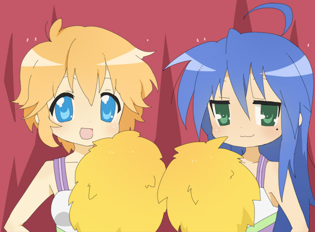 koucha, yoshitomo (koucha), izumi konata, patricia martin, lucky star, bad id, bad pixiv id, 00s, 2girls, :3, ahoge, blonde hair, blue eyes, blue hair, cheerleader, green eyes, long hair, mole, mole under eye, multiple girls, pom pom (cheerleading), short hair