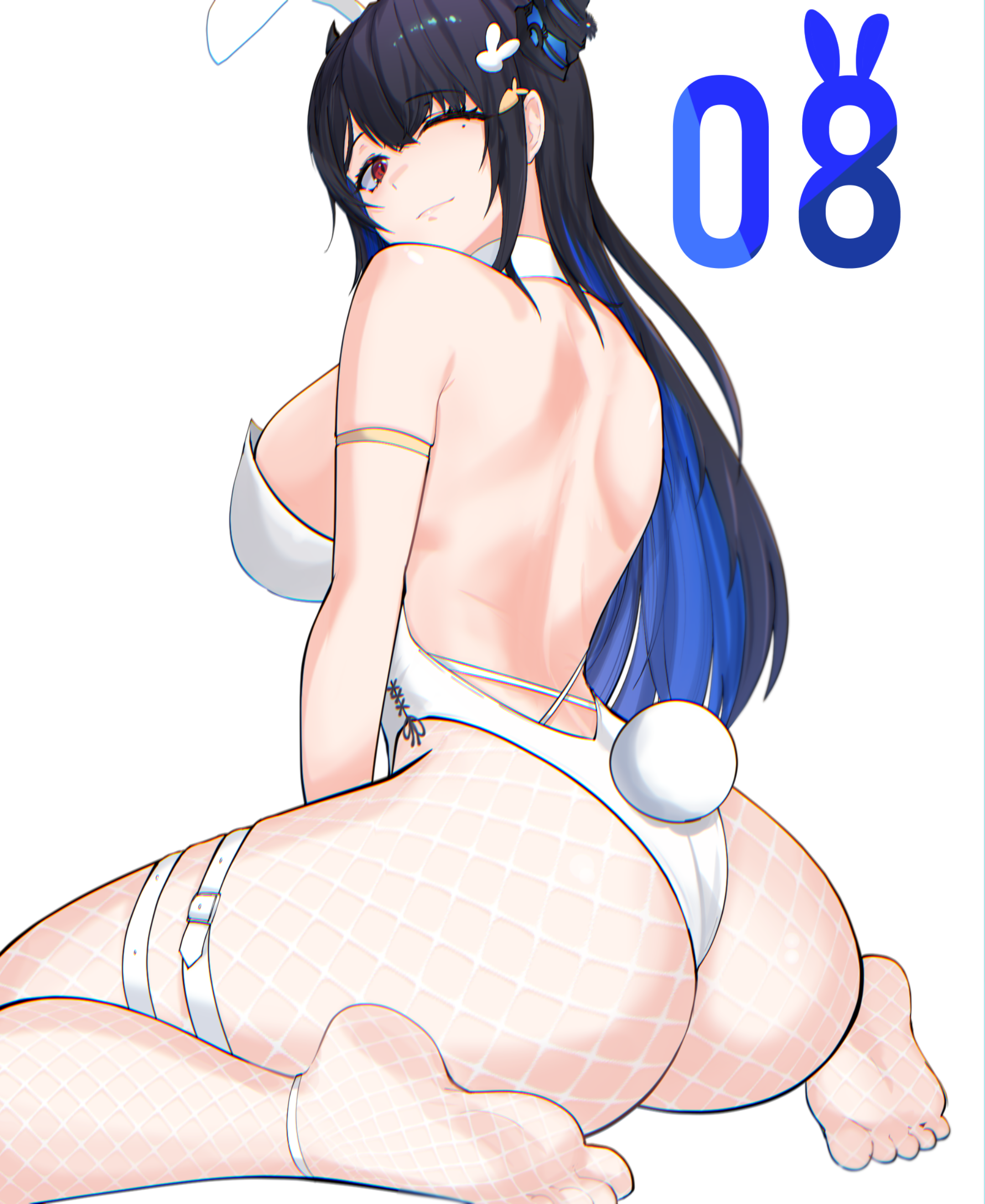 p protocoll, nerissa ravencroft, hololive, hololive english, absurdres, commentary, english commentary, highres, 1girl, ;), animal ears, ass, back, backless leotard, black hair, blue hair, breasts, colored inner hair, demon horns, detached collar, fake animal ears, fake tail, feet, fishnet pantyhose, fishnets, from behind, highleg, highleg leotard, horns, large breasts, leotard, long hair, looking at viewer, looking back, median furrow, mole, mole under eye, multicolored hair, no shoes, one eye closed, pantyhose, playboy bunny, rabbit ears, rabbit tail, shoulder blades, sideboob, sidelocks, simple background, sitting, slit pupils, smile, soles, solo, strapless, strapless leotard, tail, toes, virtual youtuber, white background