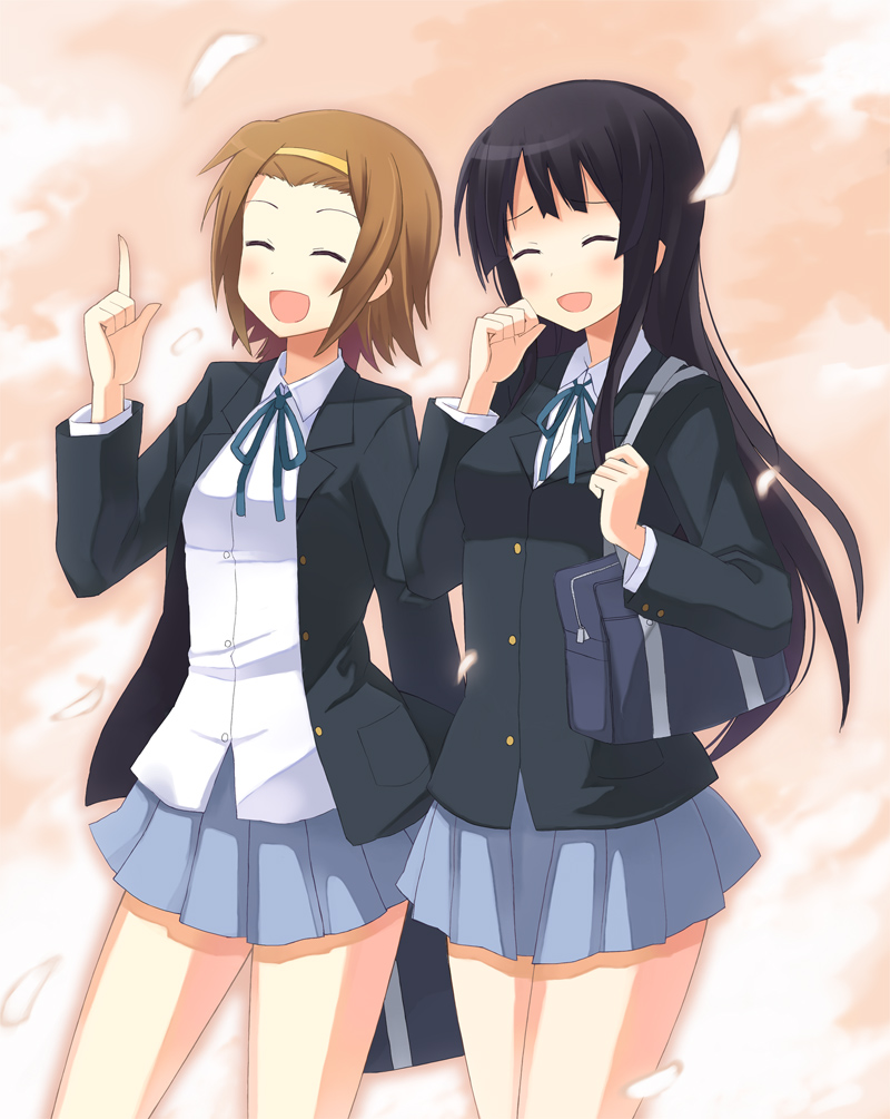 nishikawa ari, akiyama mio, tainaka ritsu, k-on!, 00s, 2girls, bag, black hair, brown hair, cherry blossoms, closed eyes, hairband, long hair, multiple girls, petals, school uniform, short hair