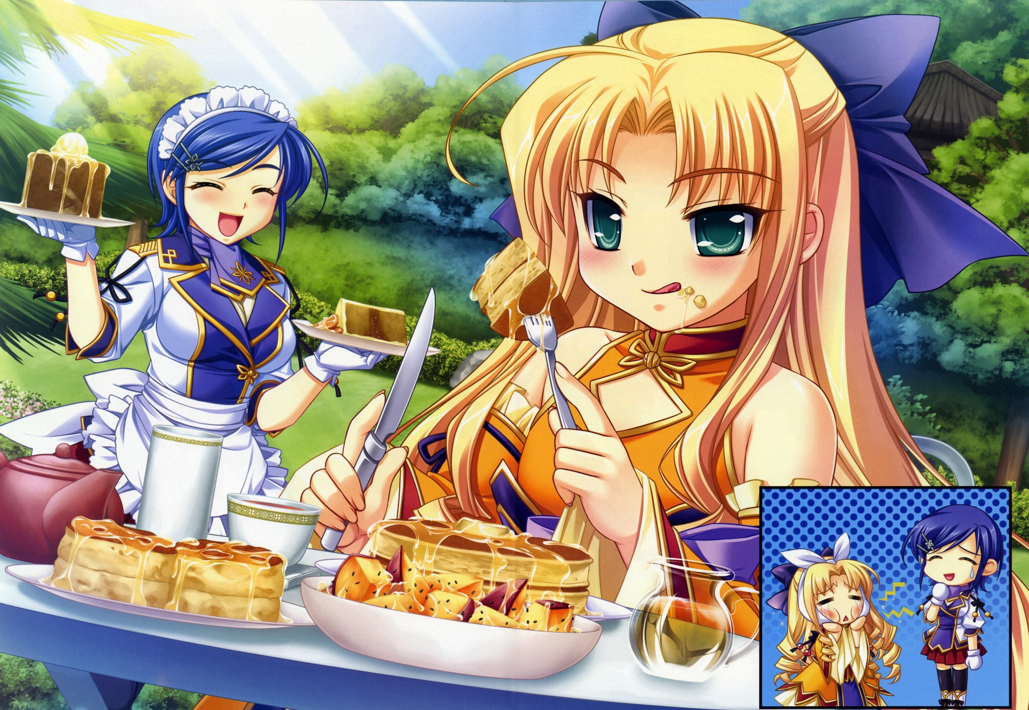 saeki hokuto, choukun (koihime musou), enjutsu (koihime musou), koihime musou, highres, official art, 00s, 2girls, :<, = =, ahoge, blonde hair, blue hair, blush, chibi, closed eyes, day, eating, food, food on face, gloves, green eyes, hair ornament, hair ribbon, hairclip, happy, inset, long hair, maid, multiple girls, open mouth, outdoors, ribbon, short hair, smile, sweatdrop, sweets, tongue