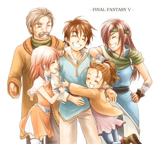 kyuu (komugi), bartz klauser, faris scherwiz, galuf halm baldesion, krile mayer baldesion (ff5), lenna charlotte tycoon, final fantasy, final fantasy v, md5 mismatch, 1990s (style), 2boys, 3girls, androgynous, blush, brown hair, closed eyes, copyright name, dress, facial hair, fingerless gloves, gloves, headband, hug, jacket, long hair, multiple boys, multiple girls, mustache, orange shirt, orange skirt, pantyhose, pink hair, ponytail, purple hair, reverse trap, shirt, short hair, skirt, smile, thighhighs, white background, wristband