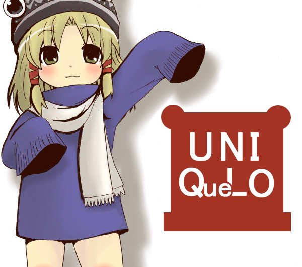 toto (hitori othello), moriya suwako, touhou, uniqlo, bad id, bad pixiv id, 1girl, :3, alternate costume, blonde hair, brown eyes, contemporary, female focus, hat, long sleeves, oversized clothes, scarf, sleeves past wrists, smile, solo, sweater