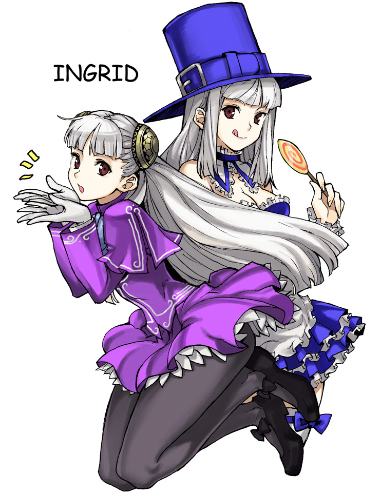 tetsu (kimuchi), ingrid (capcom), capcom, capcom fighting jam, 1girl, candy, food, gloves, hairpods, legs, lollipop, mary janes, midnight bliss, pantyhose, red eyes, shoes, swirl lollipop, thighhighs, white hair