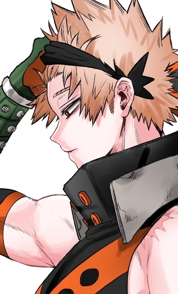 bk baku3, bakugou katsuki, boku no hero academia, commentary request, korean commentary, 1boy, arm up, bare shoulders, black mask, blonde hair, eye mask, from side, looking down, male focus, mask, mask lift, parted lips, profile, red eyes, scar, scar on shoulder, short hair, simple background, solo, spiked hair, superhero costume, upper body, white background