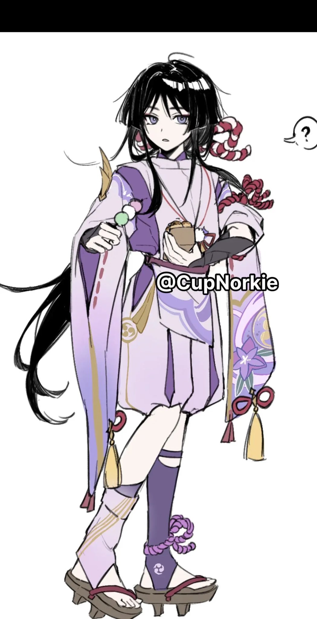 cnorkie, scaramouche (genshin impact), scaramouche (kabukimono) (genshin impact), genshin impact, highres, 1boy, ?, adapted costume, ahoge, alternate hair length, alternate hairstyle, alternate universe, armor, asymmetrical legwear, black border, blunt ends, border, box, bridal gauntlets, bridal legwear, bright pupils, brown sandals, clothing cutout, dango, feathers, floral print, floral print kimono, food, full body, geta, grey bridal gauntlets, hip vent, holding, holding box, holding food, japanese armor, japanese clothes, kariginu, kimono, kote, kurokote, layered sleeves, leg warmers, long hair, looking at viewer, low ponytail, male focus, mismatched legwear, mitsudomoe (shape), parted lips, pom pom (clothes), ponytail, print kimono, purple eyes, purple kimono, purple leg warmers, purple sleeves, red rope, ribbon-trimmed sleeves, ribbon trim, rope, sandals, sanshoku dango, shimenawa, short sleeves, side cutout, sidelocks, solo, spoken question mark, stirrup legwear, takoyaki, takoyaki pan, tassel, toeless legwear, toes, tomoe (symbol), tsurime, wagashi, white mouth, white pupils, white rope, wide sleeves, wispy bangs, yellow feathers