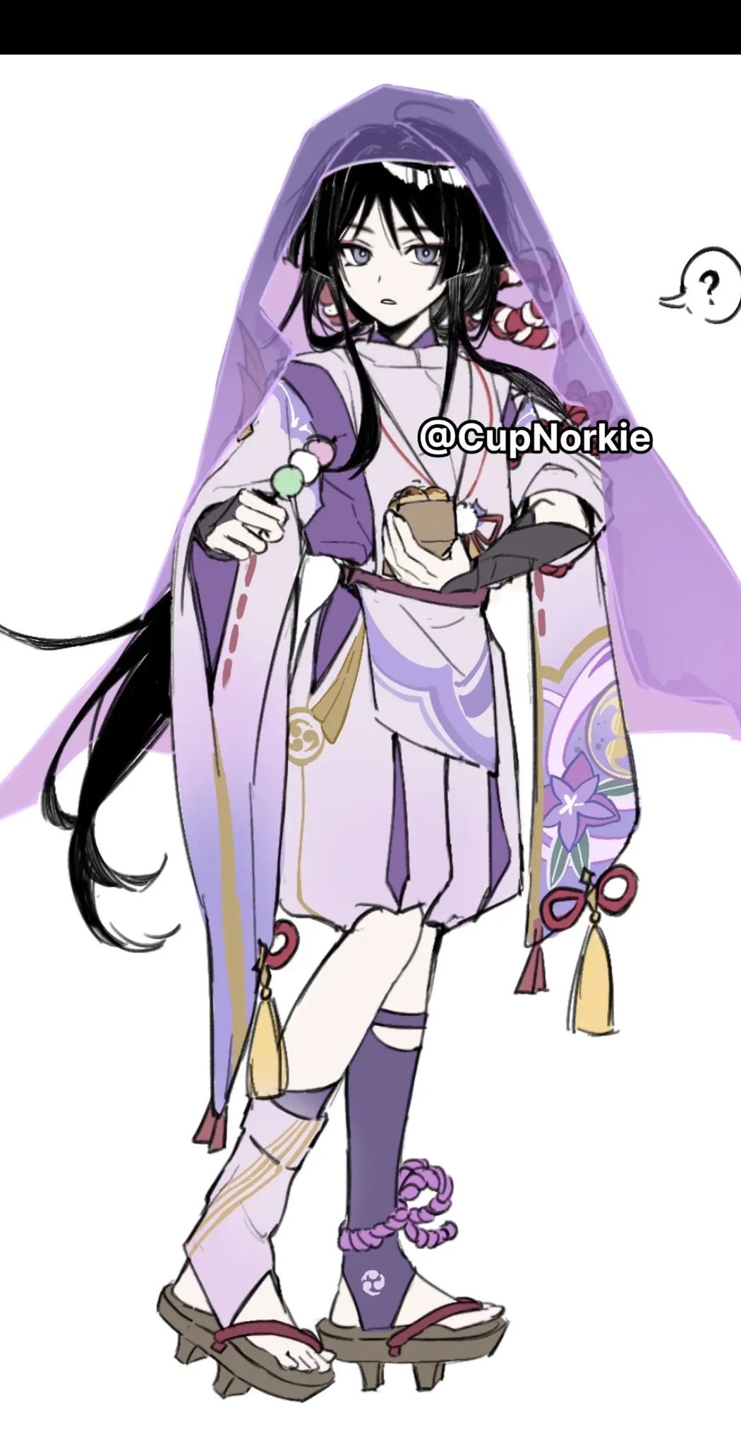 cnorkie, scaramouche (genshin impact), scaramouche (kabukimono) (genshin impact), genshin impact, highres, 1boy, ?, adapted costume, ahoge, alternate hair length, alternate hairstyle, alternate universe, armor, asymmetrical legwear, black border, blunt ends, border, box, bridal gauntlets, bridal legwear, bright pupils, brown sandals, clothing cutout, dango, feathers, floral print, floral print kimono, food, full body, geta, grey bridal gauntlets, hip vent, holding, holding box, holding food, japanese armor, japanese clothes, kariginu, kimono, kote, kurokote, layered sleeves, leg warmers, long hair, looking at viewer, low ponytail, male focus, mismatched legwear, mitsudomoe (shape), parted lips, pom pom (clothes), ponytail, print kimono, purple eyes, purple kimono, purple leg warmers, purple sleeves, purple veil, red rope, ribbon-trimmed sleeves, ribbon trim, rope, sandals, sanshoku dango, shimenawa, short sleeves, side cutout, sidelocks, solo, spoken question mark, stirrup legwear, takoyaki, takoyaki pan, tassel, toeless legwear, toes, tomoe (symbol), tsurime, veil, wagashi, white mouth, white pupils, white rope, wide sleeves, wispy bangs, yellow feathers